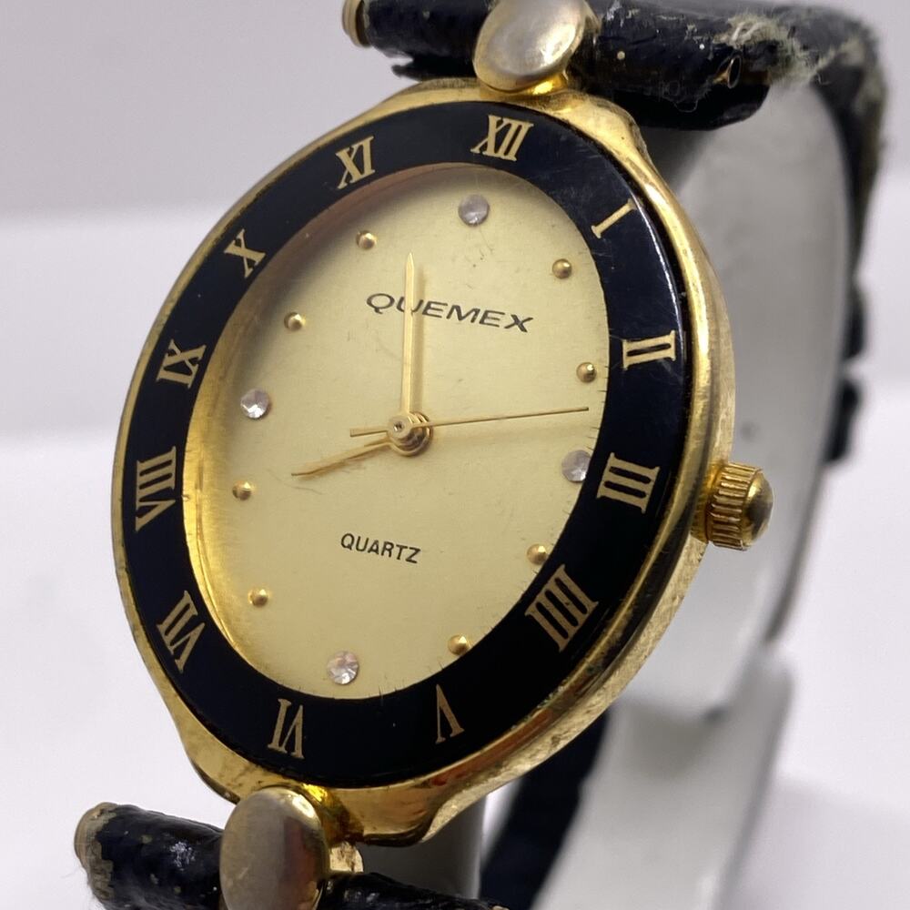 Quemex Womens Gold Tone Oval Watch Worn Band Works New Battery